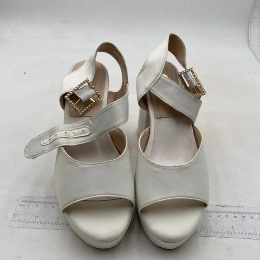 FSJ White Platform Block Heel Sandals with Rhinestone Buckle